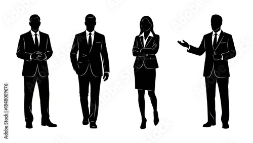 Silhouettes of business people in formal wear standing in various poses