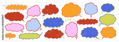 Cloud speech bubbles in soft crayon doodle texture. Cute cartoon childish blank text boxes for emphasis. Colorful funky pencil silhouettes. Comic school dialog talk balloon shapes.