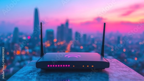 Wireless router atop a rooftop, city skyline backdrop