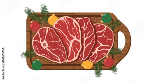 Festive raw beef steaks are arranged on a wooden cutting board with christmas ornaments and pine branches for a holiday meal.
