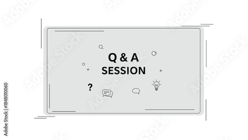 A modern gray screen displays a question and answer session invitation with icons and decorative elements, suggesting interactive communication.