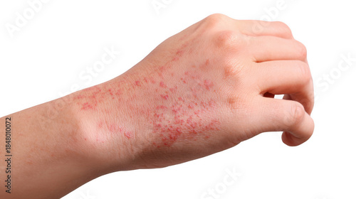 Close up view of a man scratching his shoulder, revealing a red rash caused by a skin condition. Isolated on a transparent background, highlighting symptoms of irritation and discomfort
