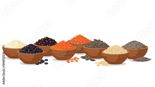 Various types of legumes and seeds are displayed in rustic bowls, showcasing a diverse range of textures and colors for healthy eating.