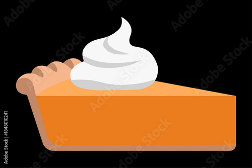 Slice of pumpkin pie topped with whipped cream for autumn holiday concept