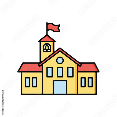School building with bell tower and flag, educational institution illustration