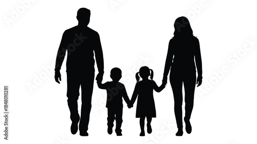 Black silhouette of a family of four walking together holding hands 