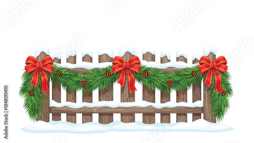 Festive winter scene depicts a wooden picket fence adorned with lush evergreen garlands and vibrant red bows, covered in a light dusting of snow.