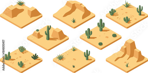 Isometric desert landscape tiles set featuring sand dunes cacti terrain, arid environment, game assets, map elements, 3D illustration collection