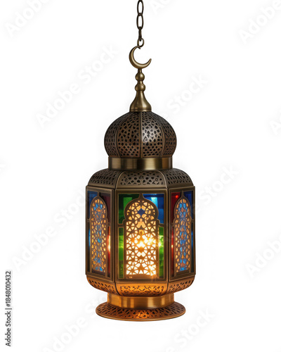 Ornate brass lantern with colorful stained glass panels glowing brightly against a white background. isolated on transparent background