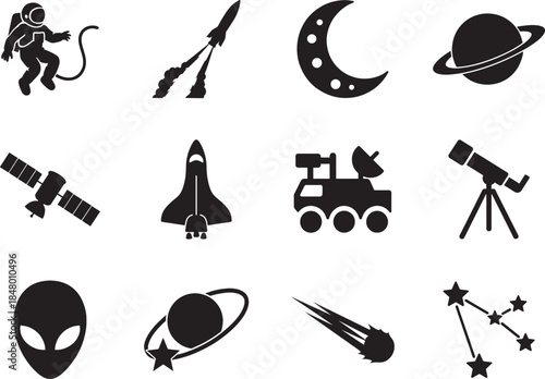 Creative space EPS icon set with bold silhouettes for cosmic themes, science projects, and UI