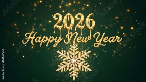 Elegant Gold 2026 Happy New Year with Snowflake on Green Background - Luxury Holiday Greeting Card Design