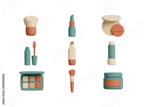 Cosmetics collection illustrated beauty products makeup tools isolated