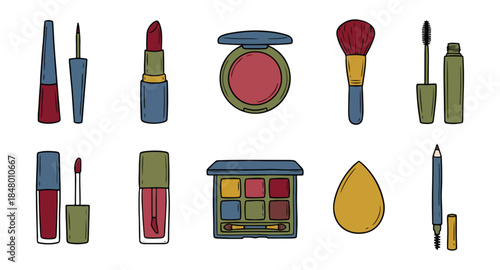 Cosmetics collection makeup tools and products on black background