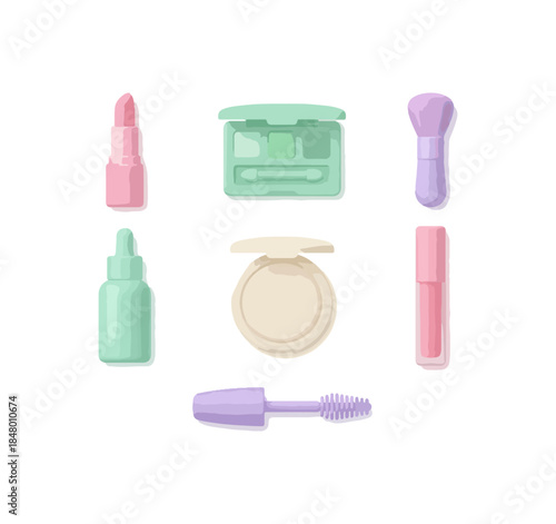 Cosmetics collection makeup items illustration isolated on black background