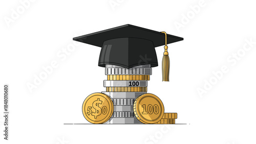 Graduation cap resting atop a stack of money symbolizes the financial investment and potential return of higher education.