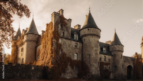 Wallpaper Mural Majestic Medieval Castle with Conical Towers and Autumn Foliage at Sunset. Torontodigital.ca