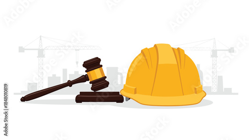 Construction law concept featuring a judge's gavel and a yellow hard hat against a cityscape with cranes.