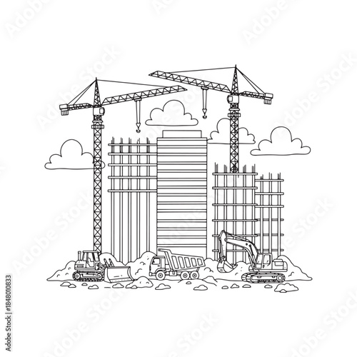 Hand drawn sketch of a city construction site with tower cranes, unfinished buildings, and heavy machinery. Vector illustration of urban development with excavators and trucks in black and white doodl