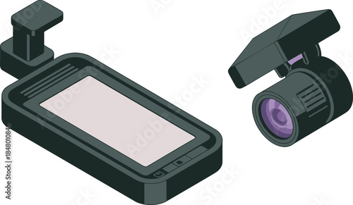 Isometric digital door viewer illustration showing security camera peephole device, smart home surveillance, access control, modern safety technology concept