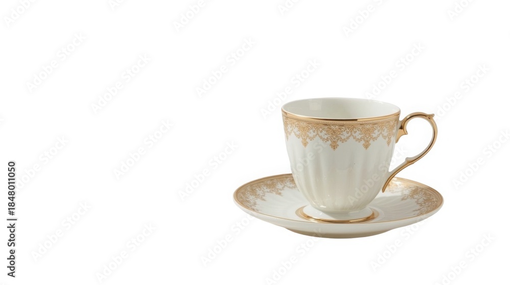 Obraz premium Elegant tea set with delicate handle and matching saucer, gold trim, white background, luxurious tableware, tea cup and plate