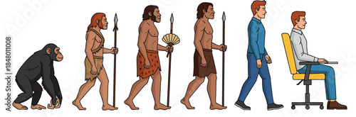Human Evolution Vector Illustration Showing Progress from Primate and Early Humans to Modern Office Worker Sitting at Computer for Science Education and Lifestyle Design