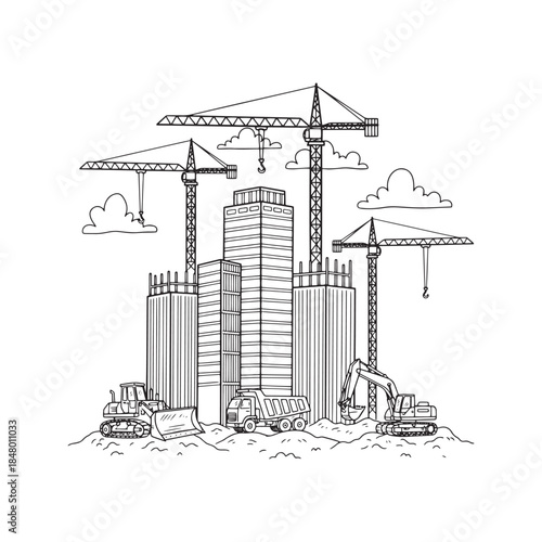 Hand drawn sketch of a city construction site with tower cranes, unfinished buildings, and heavy machinery. Vector illustration of urban development with excavators and trucks in black and white doodl