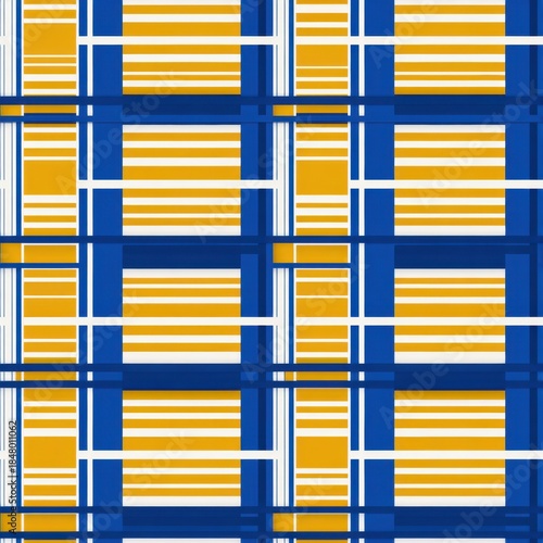 Abstract Geometric Pattern with Blue and Yellow Stripes and Grid Design.
