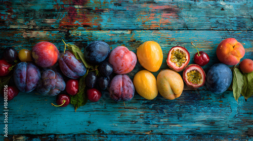 Fototapeta Naklejka Na Ścianę i Meble -  Vibrant assortment of fresh summer stone fruits and passion fruit arranged beautifully on rustic blue wood background