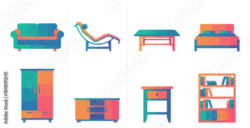 Furniture icons set gradient style isolated elements interior design
