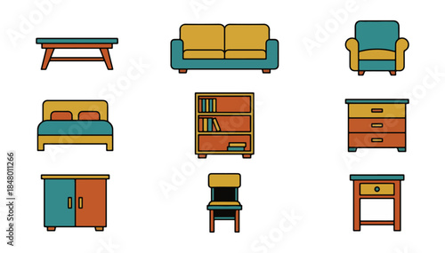 Furniture icons set on black background for design