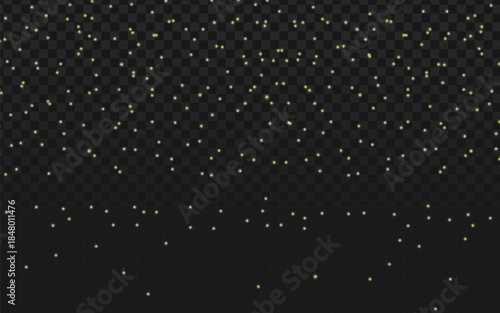 Luxury gold glitter and fine dust particles falling on a dark transparent background. Elegant festive vector overlay for celebrations, premium events, holiday banners, and refined graphic design.