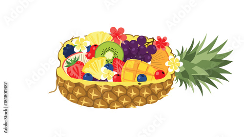 A vibrant assortment of fresh tropical fruits is beautifully arranged inside a carved pineapple, adorned with exotic flowers.