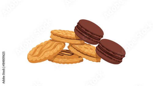 Delicious assortment of cookies including chocolate and golden biscuits presented in a playful, inviting arrangement for sweet treat lovers.