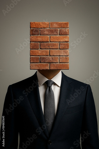 Conceptual portrait of a businessman in a suit with a brick wall instead of a face. Symbol of corporate stubbornness, mental block, resistance to change, and professional rigidity. Isolated background
