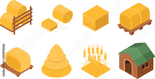 Isometric farm agriculture icons set featuring hay bales wheat barn storage pallets, rural farming production, harvest season, livestock feed illustration