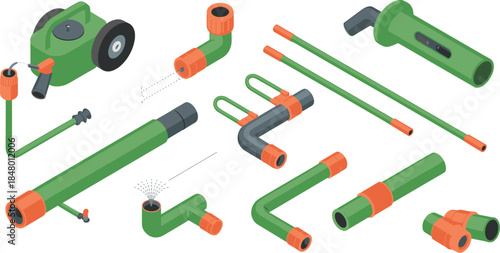 Isometric garden irrigation system illustration set featuring hoses connectors sprinkler pump, watering equipment, landscaping tools, agriculture, drip irrigation components