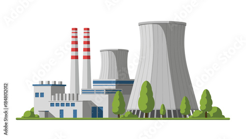 Industrial power plant with cooling towers and smokestacks generates energy for a city, showcasing modern infrastructure and environmental considerations.