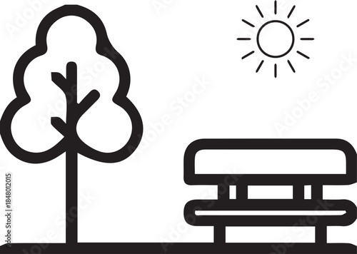 Simple line art icon of a park bench tree and sun