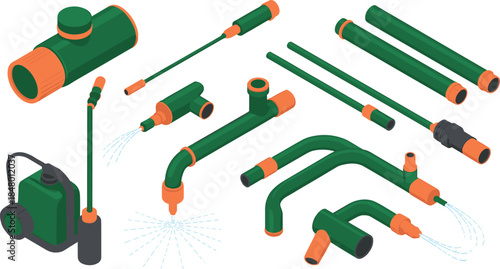 Isometric garden irrigation system illustration set featuring hoses connectors sprinkler pump, watering equipment, landscaping tools, agriculture, drip irrigation components
