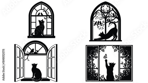 Collection of four black cat silhouettes interacting with nature through windows