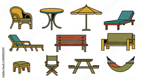 Outdoor furniture set vector illustration on black