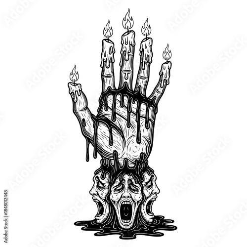 black and white hand with melting candles and screaming face.