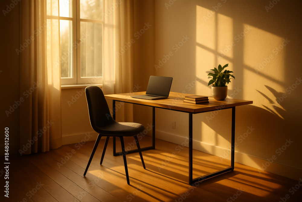 Fototapeta premium Cozy workspace with a laptop and a plant in sunlight