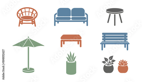Stylized vector illustrations of outdoor furniture and accessories