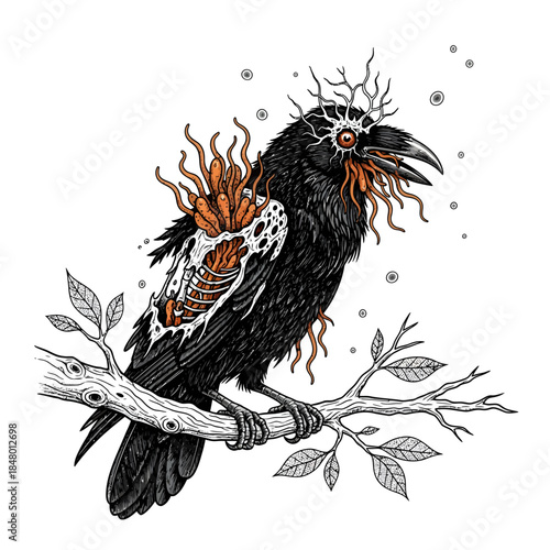 black bird with orange flames on branch.