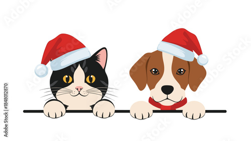 Festive feline and canine companions peek over a ledge wearing adorable santa hats, spreading holiday cheer and warmth.