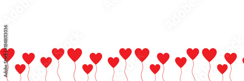 Red Heart  Border. Seamless row of red heart with strings on white background, expressing love, romance, celebration, and Valentine themed decoration.

