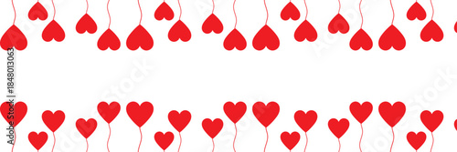Red Heart  Border. Seamless row of red heart with strings on white background, expressing love, romance, celebration, and Valentine themed decoration.

