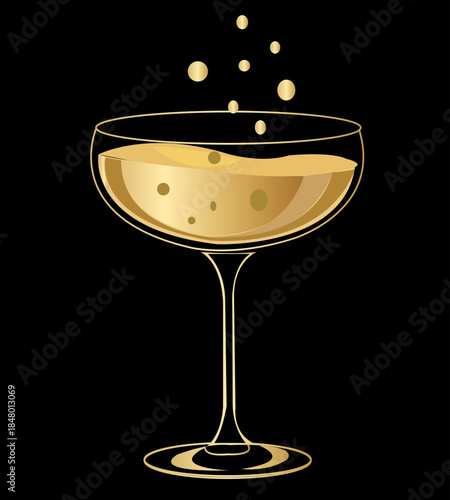 Elegant Golden Champagne Glass Illustration on Black Background