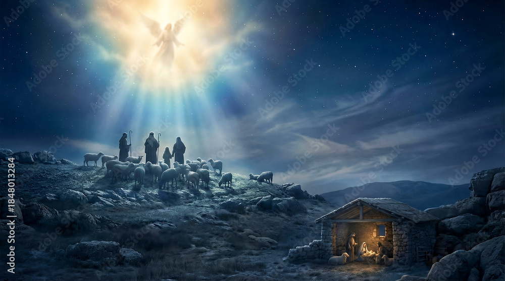 Fototapeta premium Angel appearing to shepherds above the Nativity of Jesus, biblical Christmas night scene with divine light